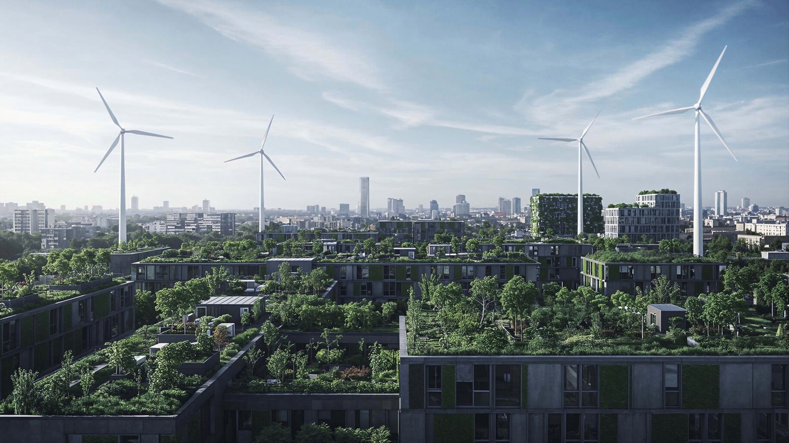 A green city with wind turbines on the skyline