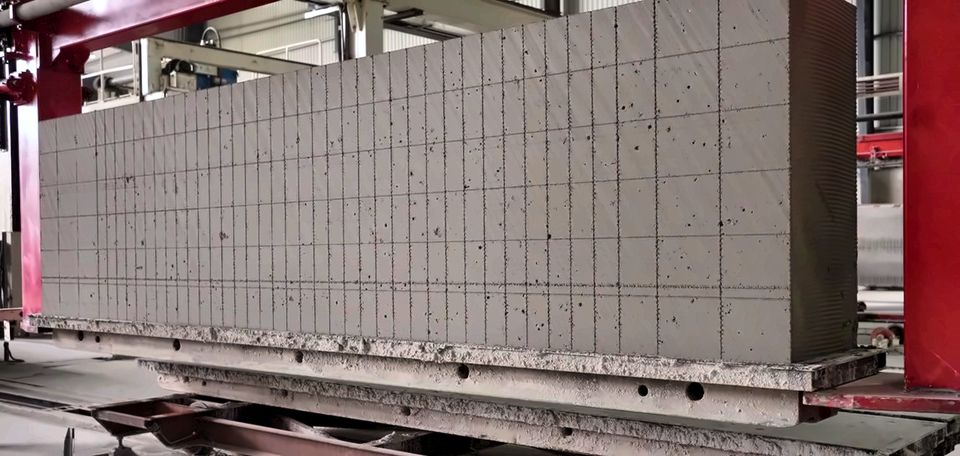 A cake cut into blocks by the wires